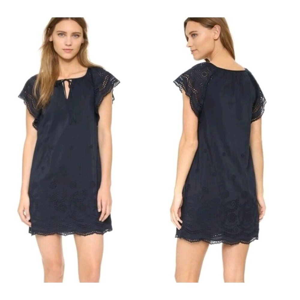 Madewell Embroidered Eyelet Keyhole Scalloped Hem Moontide Navy Dress XXS Summer